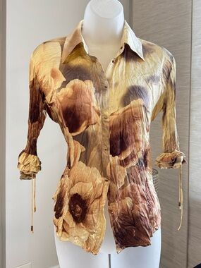 VINTAGE Roberto Cavalli Floral Button-Down Shirt in Gold and Brown Tones